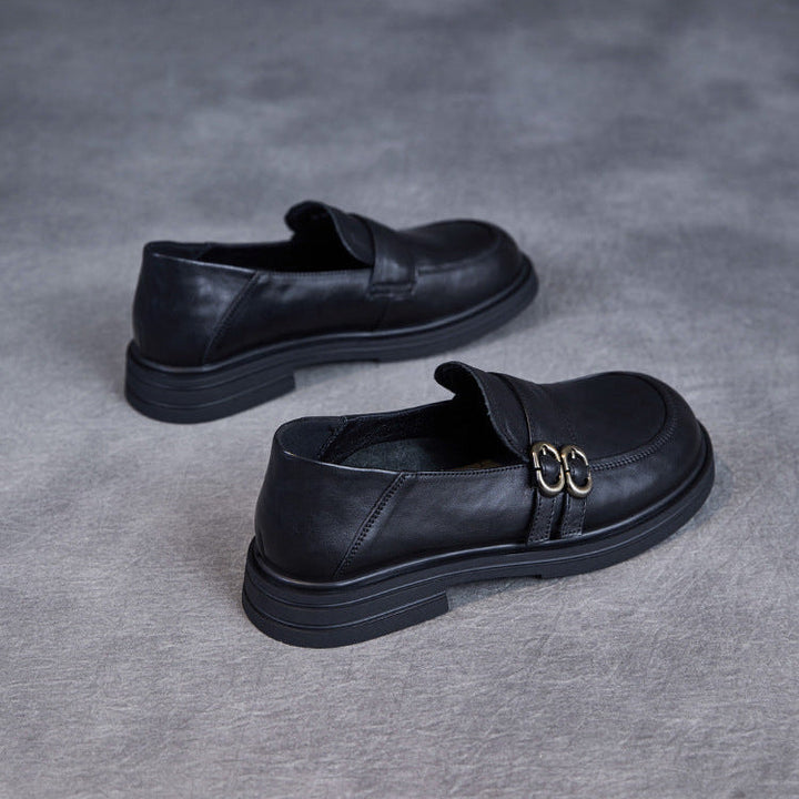 Women’s Leather Slip-On Loafers – Vintage British Low Heel
