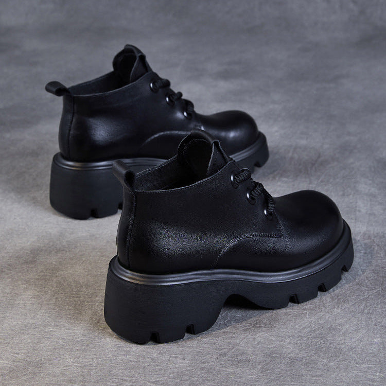 Women's Retro Genuine Leather Platform Lace-Up Chunky Boots