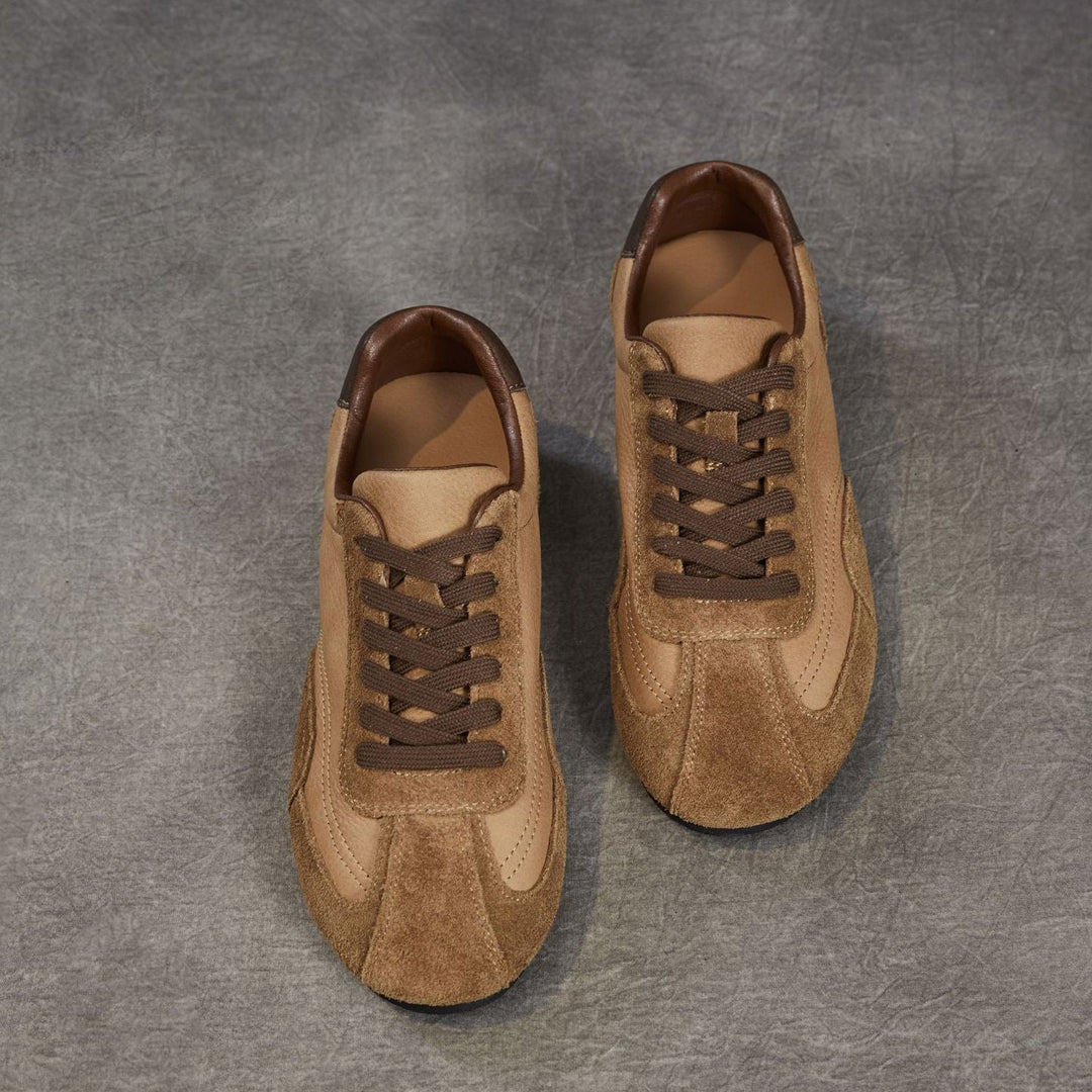 Women's Genuine Leather Retro Sneakers Vintage Lace-up Round Toe Flat Walking Shoes