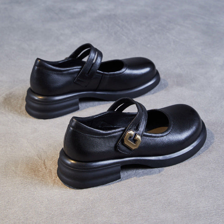 Women's Soft Leather Mary Janes – Round Toe Low Heel with Adjustable Velcro