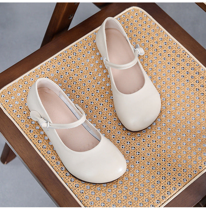 Women's Leather Mary Jane Flats - Vintage Round Toe Slip-On Ballet Flats with Bow Knot Strap Comfort Walking Shoes