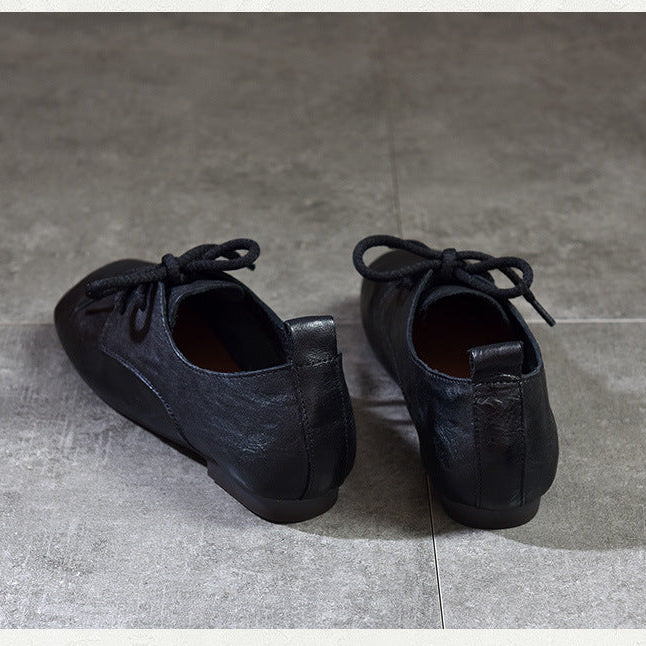 Genuine Leather Square Toe Retro Lace Up Flats Women's Shoes