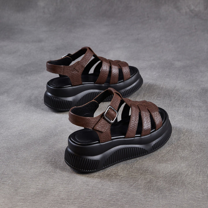 Women's Retro Leather Roman Sandals Vintage Round Toe Platform Chunky Platform Heels