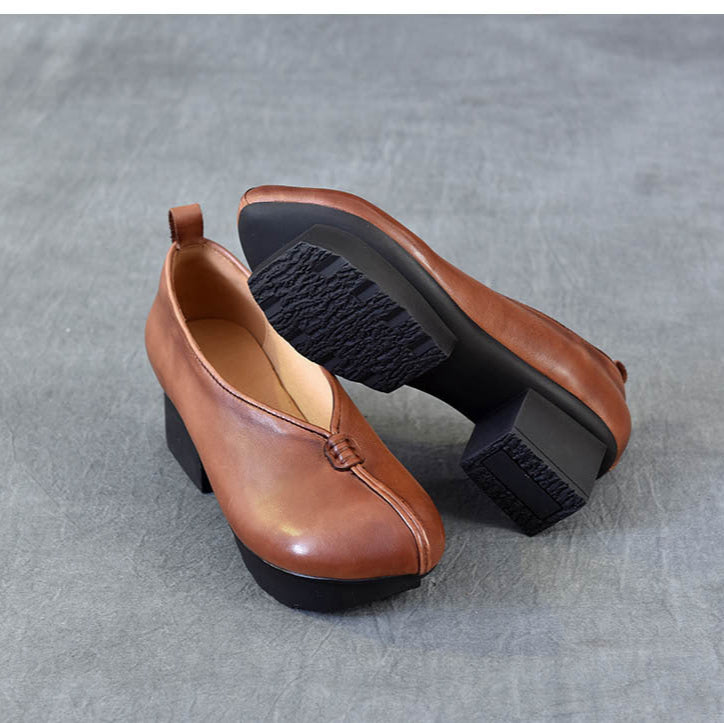Women's Block Heel Leather High Heels – Slip-On Japanese Design
