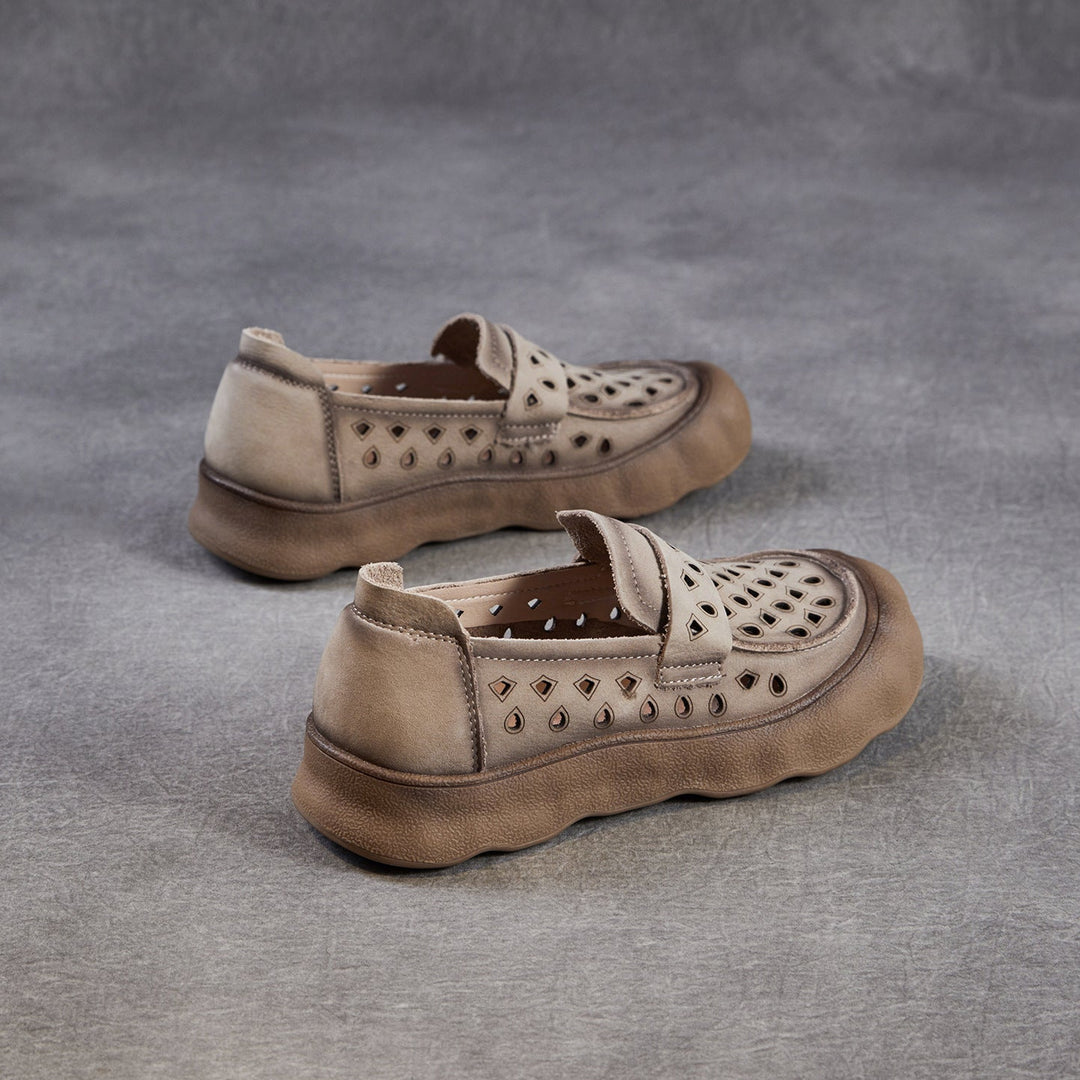 Women's Summer Leather Slip-on Flats — Cutout & Breathable Design