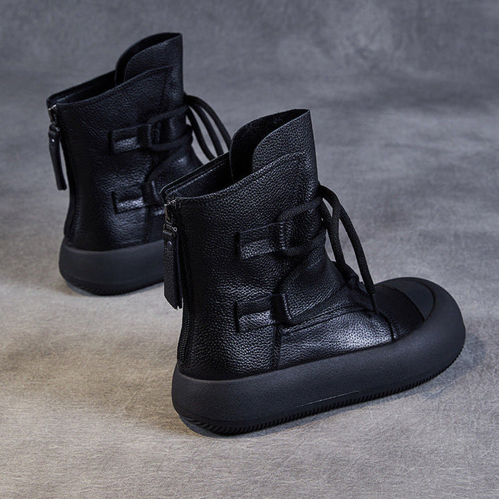 Women's Lace-Up Platform Boots – Genuine Leather Casual Back Zipper Boots