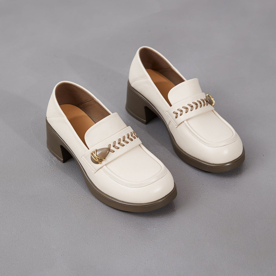 Women's Retro Sheepskin Loafers Vintage Round Toe Woven Strap Chunky Heels