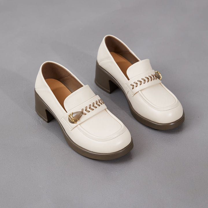 Women's Retro Sheepskin Loafers Vintage Round Toe Woven Strap Chunky Heels