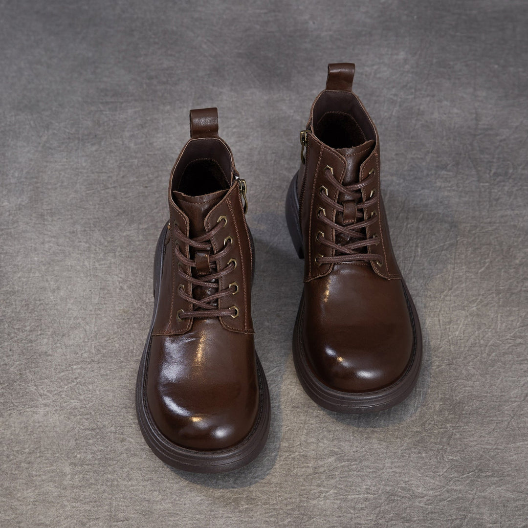 Women's Leather Winter Combat Ankle Boots Soft Lined Lace-up Walking Booties