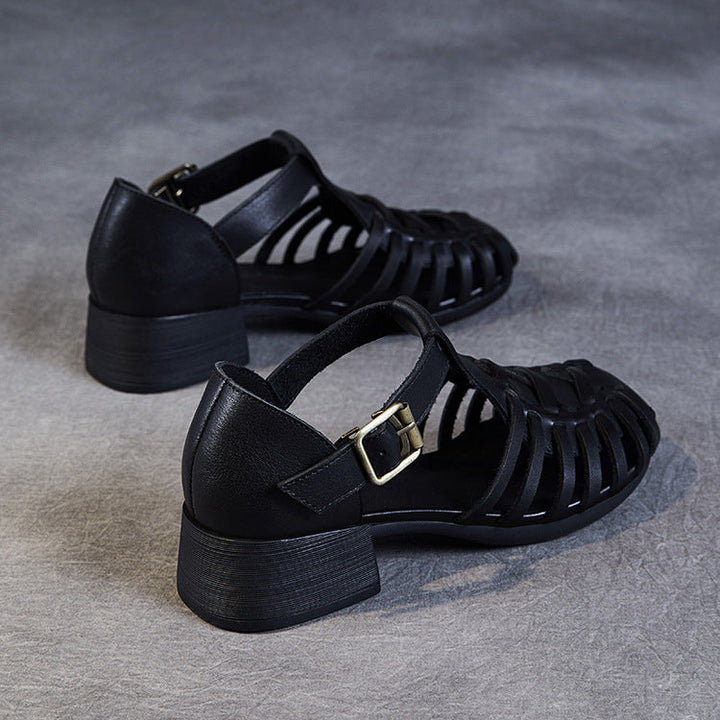 Women's Leather Fisherman Sandals - Vintage Interlocking Woven Closed Mid Block Heel Shoes with Buckle