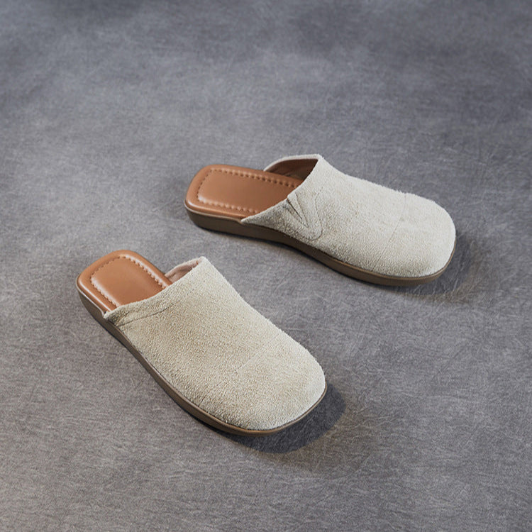 Women's Minimalist Nubuck Mules - Round-Toe Flat with Slip-On Ease