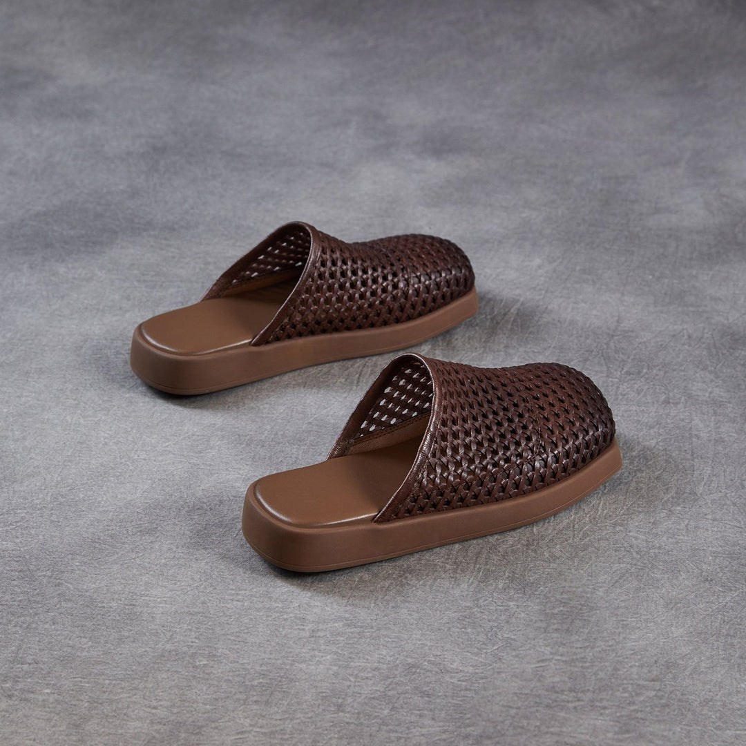 Women's Square Toe Woven Mules Genuine Leather Platform Slippers Barefoot-Friendly