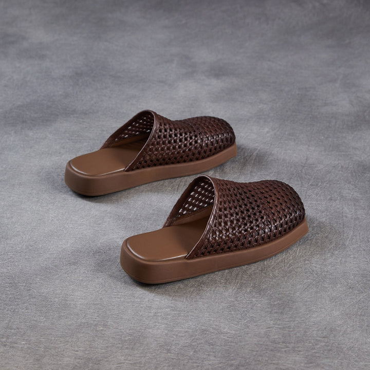 Women's Square Toe Woven Mules Genuine Leather Platform Slippers Barefoot-Friendly