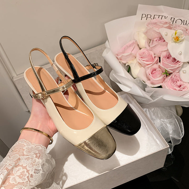 Women's Elegant French Patchwork Slip On Closed Toe Mid Heel Sandals