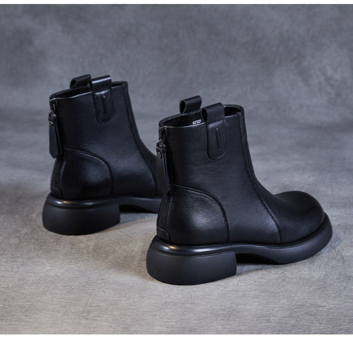 Women's Low Heel Casual Genuine Leather Boots with Back Zipper