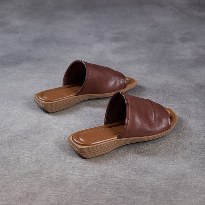 Women's Open Toe Leather Ruched Mules - Zen Style Cowhide Summer Slides
