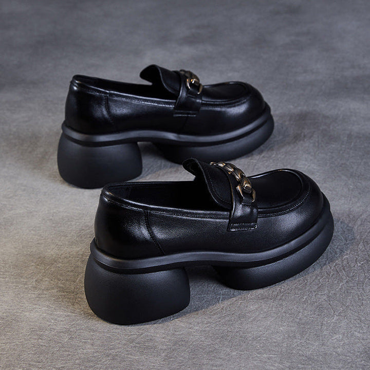 Women’s Leather Platform Block Heel Loafers – British Vintage Chain Detail