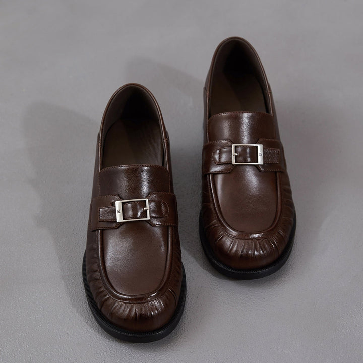 Women's Sheepskin Loafers - Ruched Leather Buckle Block Heel