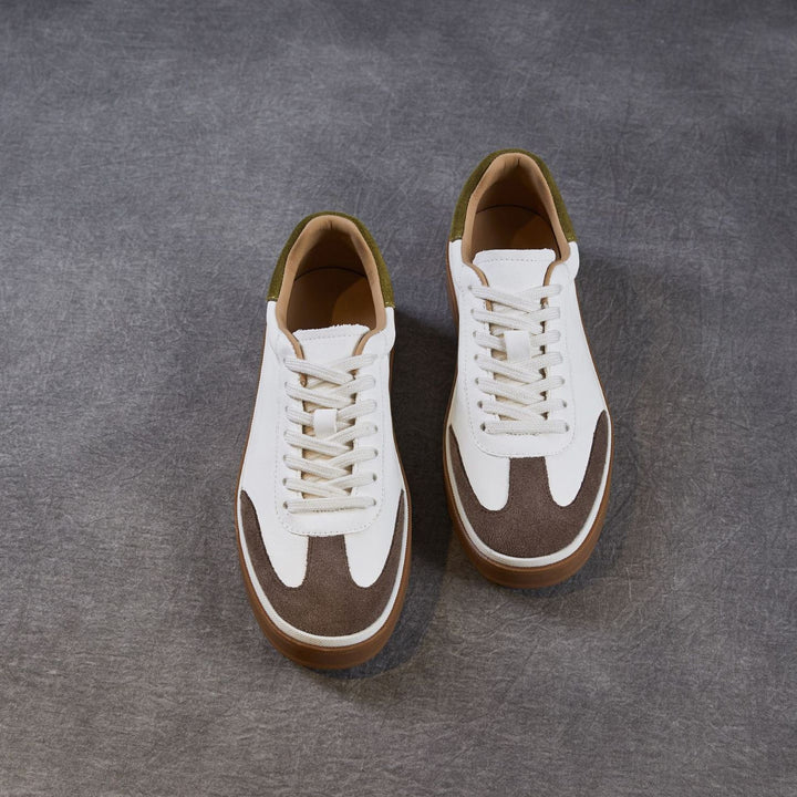 Womens Retro Cowhide Suede Patchwork Sneakers Vintage Round Toe Gum Sole Lace-up Flats