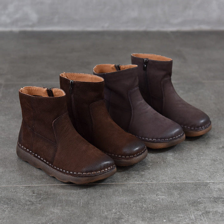 Women's Leather Zipper Ankle Boots – Comfortable Flat Casual Style