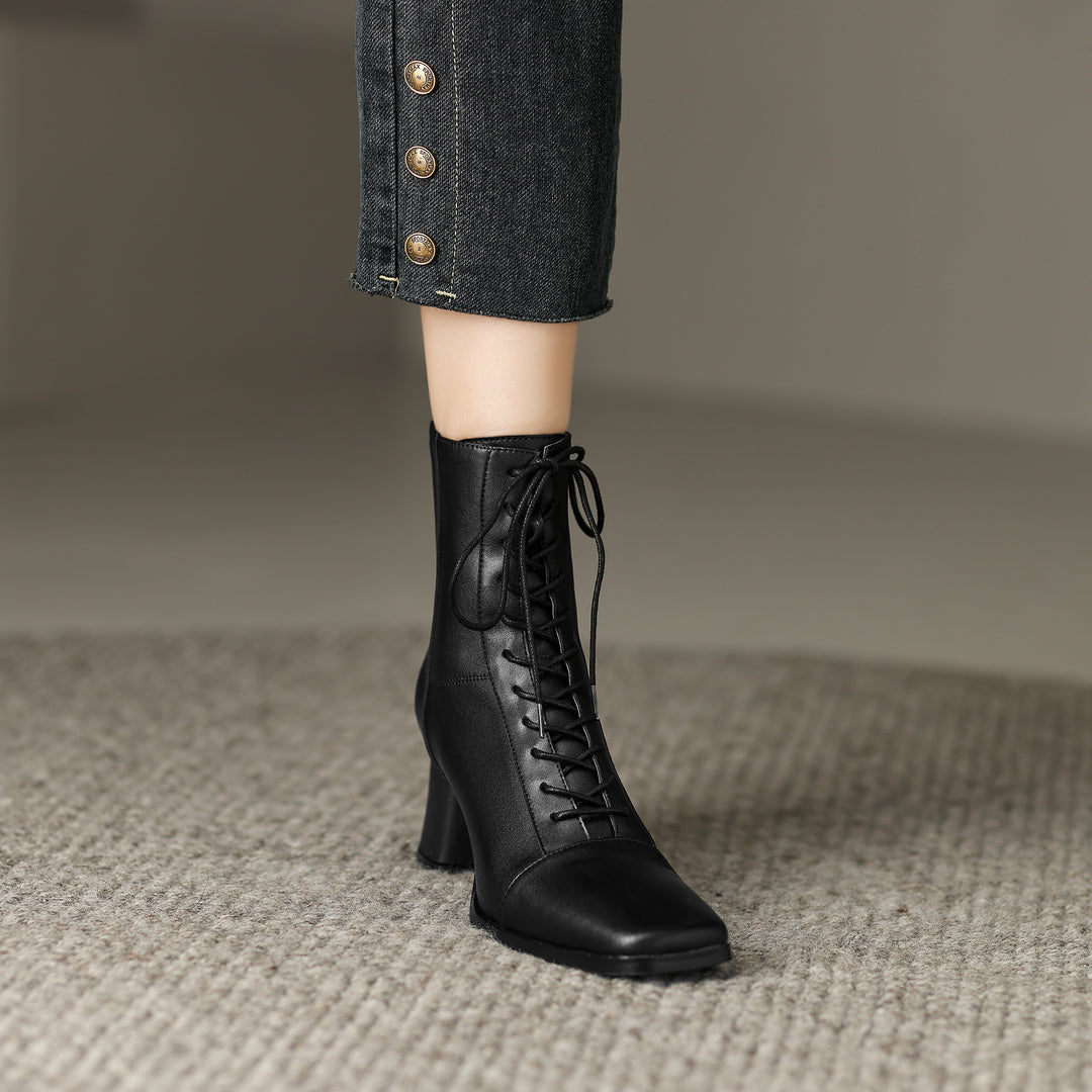 Womens Lace-up Zipper Square Toe Block Heels Leather Ankle Boots