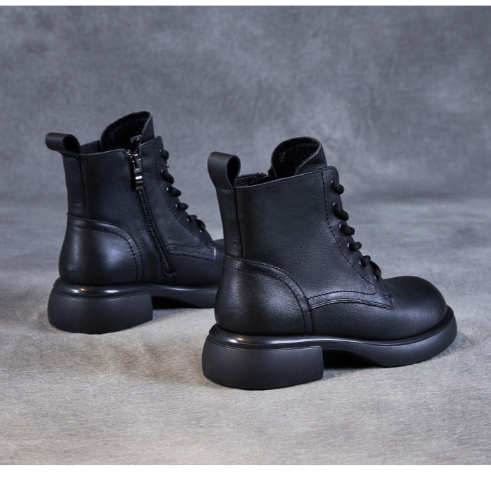 Women's Genuine Leather Lace-Up Side Zip Ankle Boots – Casual & Versatile