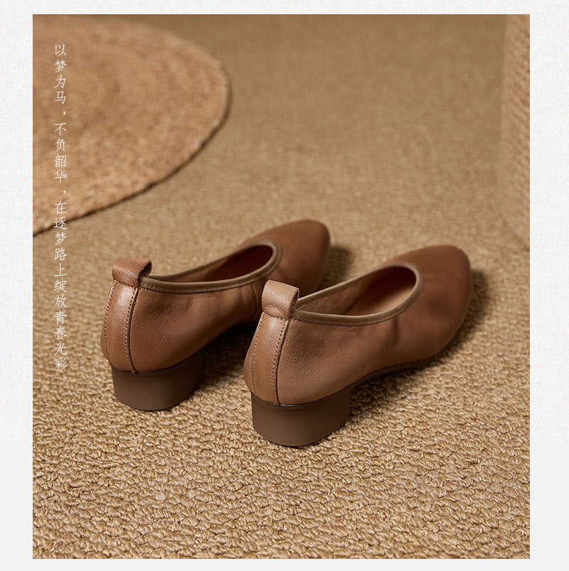 Women's Retro Leather Pumps Vintage Pointed Toe Slip-on Chunky Low Heels