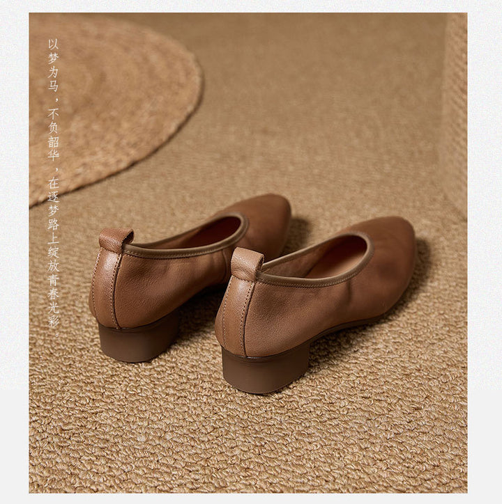Women's Retro Leather Pumps Vintage Pointed Toe Slip-on Chunky Low Heels