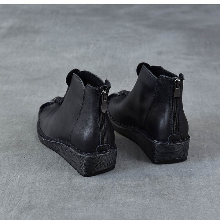 Women's Leather Ankle Boots - Vintage Wedge Low Heel Booties, Zipper Round Toe Stitching Fall Winter Shoes