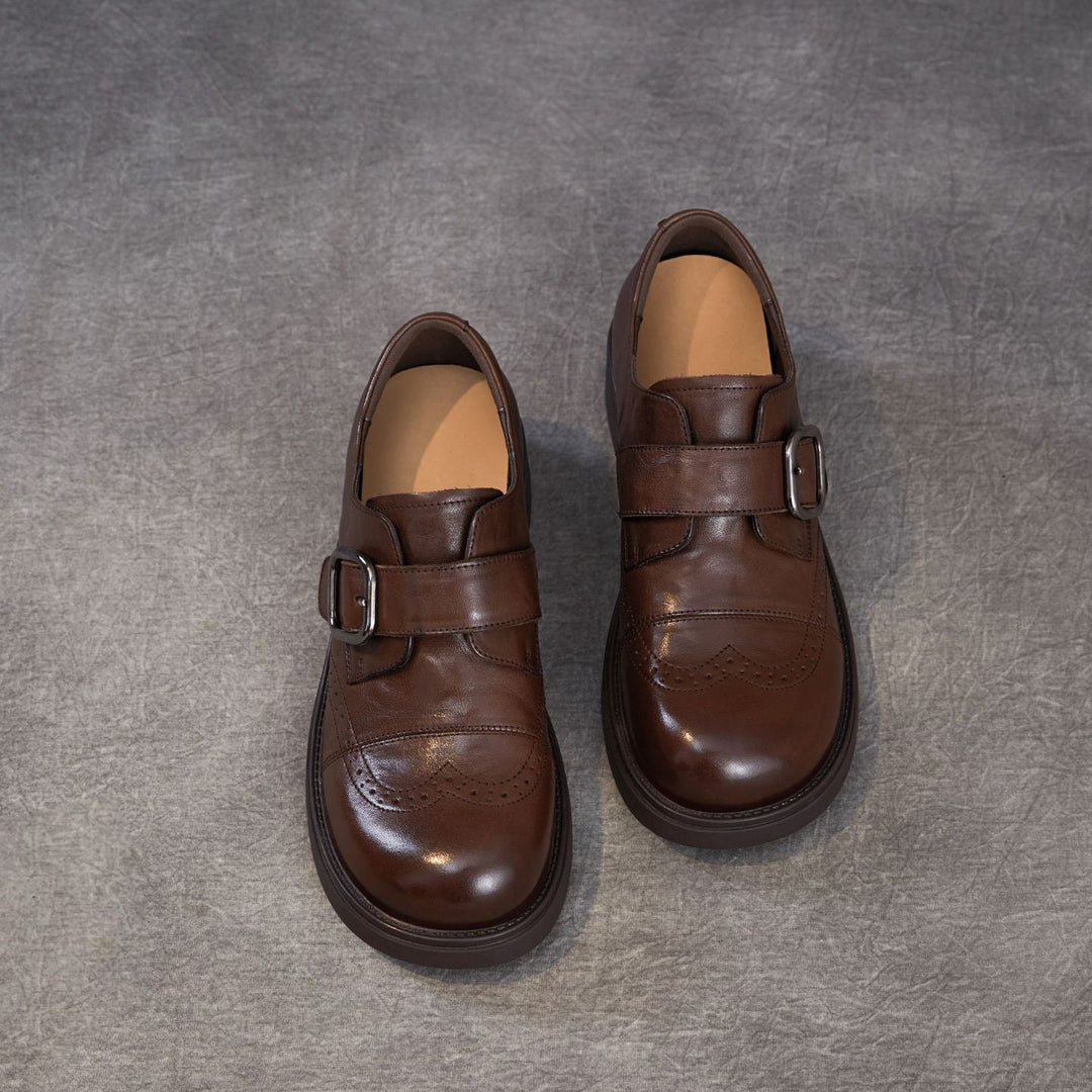 Women's Genuine Leather Chunky Platform Monk Strap Loafers Vintage Brogue Slip-on Shoes