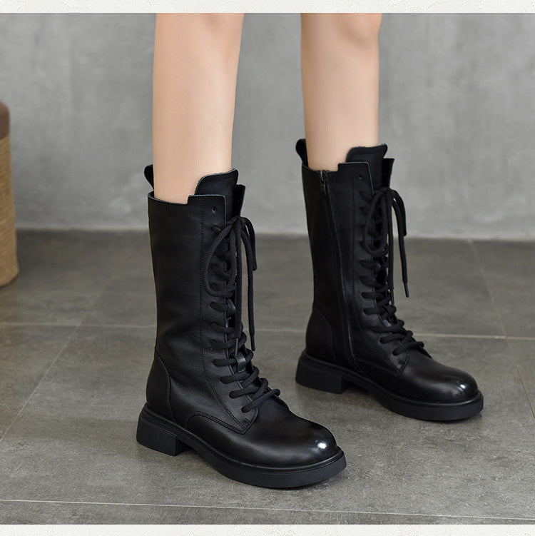 Women's Mid Calf Combat Boots Top-Grain Leather Lace Up Side Zipper Platform Booties