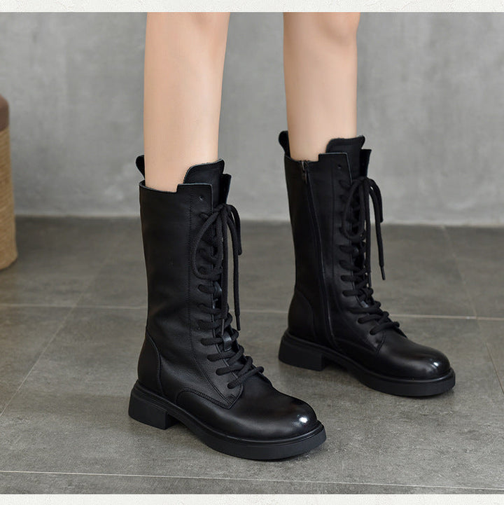 Women's Mid Calf Combat Boots Top-Grain Leather Lace Up Side Zipper Platform Booties
