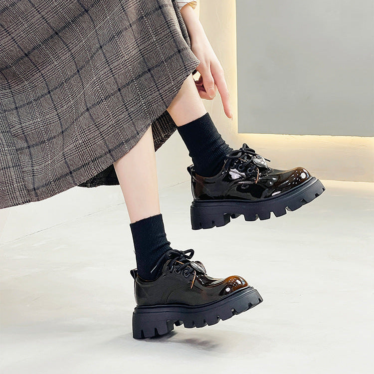 Women's Leather Oxford Shoes - Platform Chunky High Heel Derby  Shoes Lace-up Round Toe Spring Fall Brogues