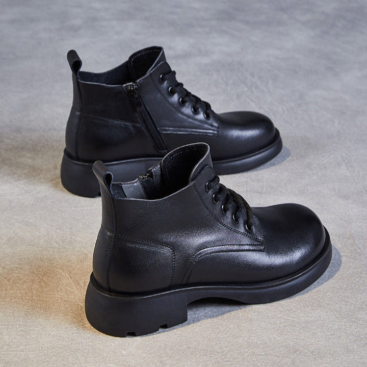Women's Genuine Leather Casual Ankle Boots – Round Toe with Side Zipper