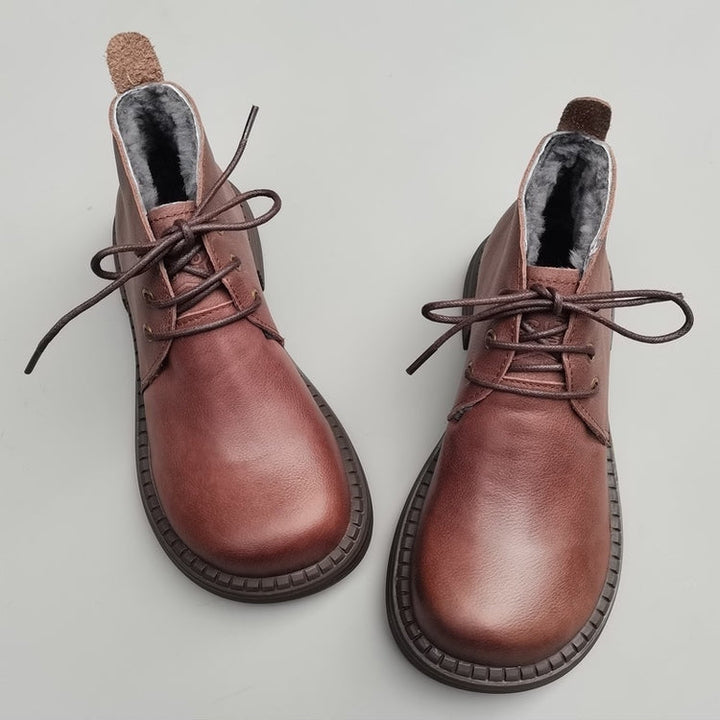 Wide Toe Leather Ankle Boots for Women – Lace-up Handmade Shearling Winter Shoes