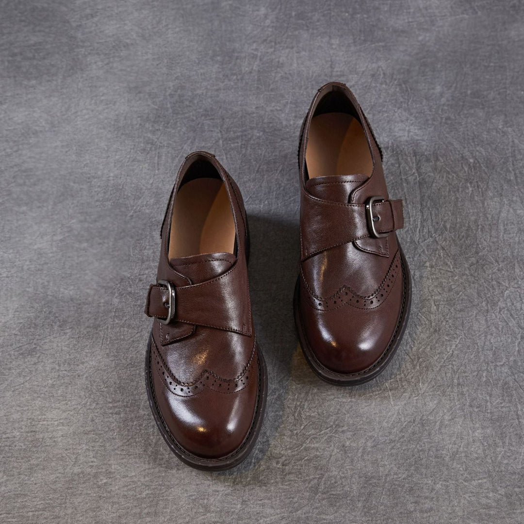 Women's Retro Leather Monk Strap Shoes Vintage Round Toe Brogue Chunky Heels