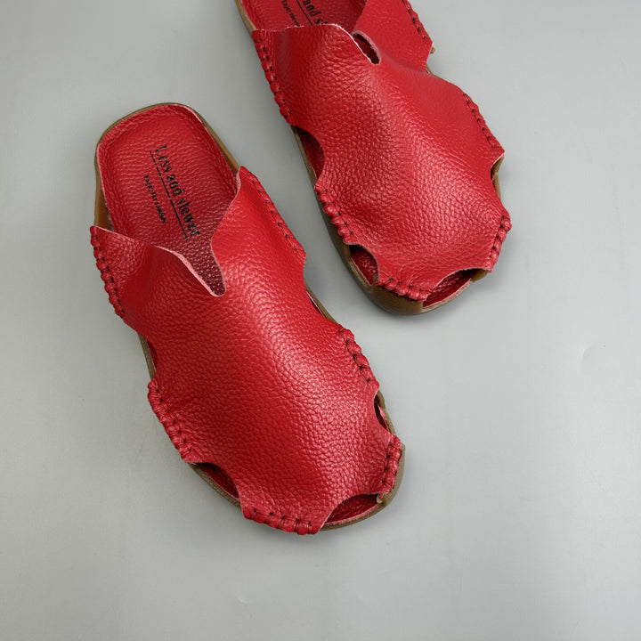 Women's Leather Mules - Soft Hand-Stitched Pebble Grain Flat Sandals Casual Summer Slip-On Slides