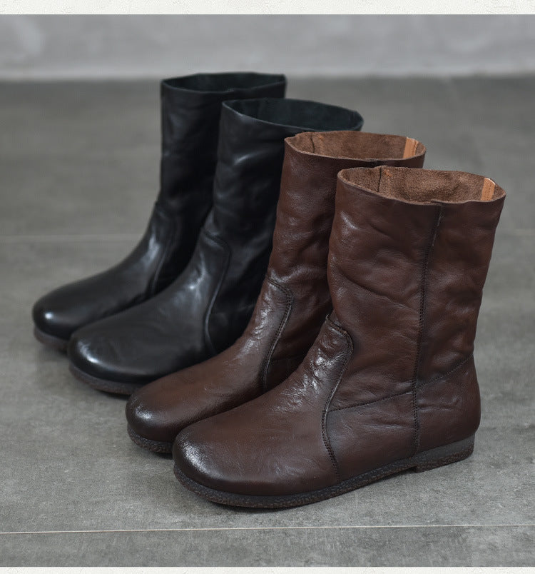 Women's Leather Round-Toe Calf Boots – Casual Comfortable Shoes