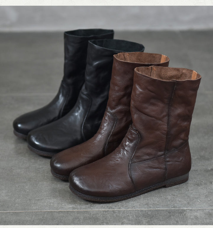Women's Leather Round-Toe Calf Boots – Casual Comfortable Shoes