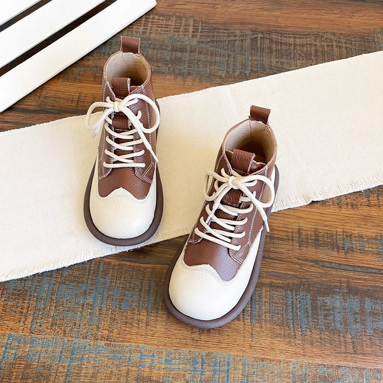 Women's Leather Lace-Up Ankle Shoes – Round Toe & Patchwork Design