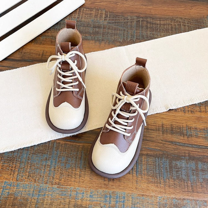 Women's Leather Lace-Up Ankle Shoes – Round Toe & Patchwork Design