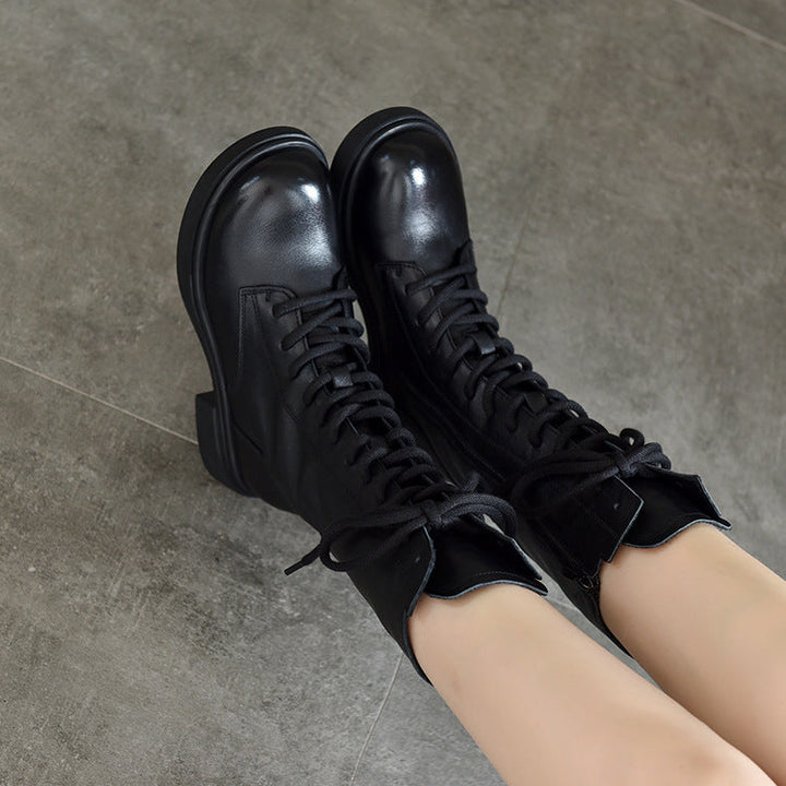 Women's Mid Calf Combat Boots Top-Grain Leather Lace Up Side Zipper Platform Booties