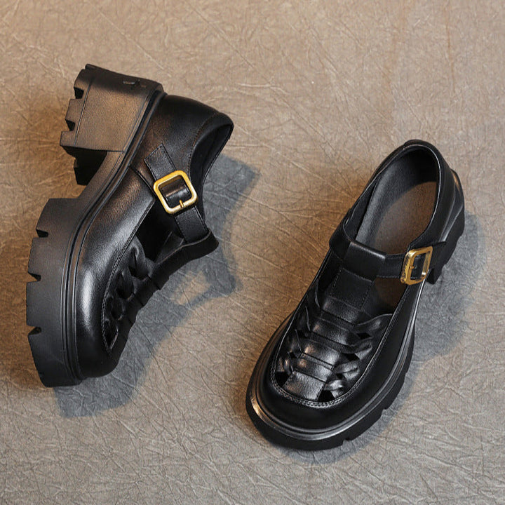 Women's Genuine Leather Fisherman Sandals - Chunky High Heel & Closed Toe Design