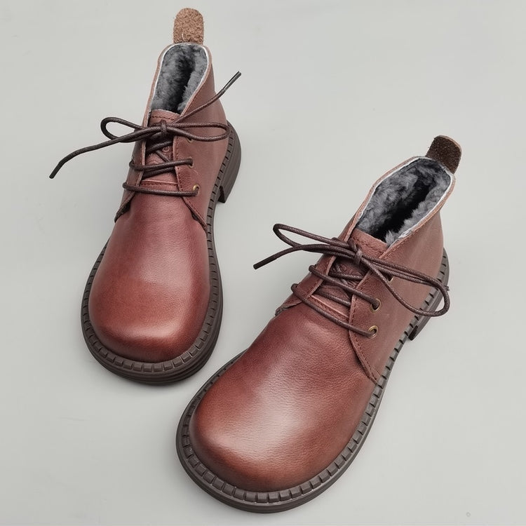 Wide Toe Leather Ankle Boots for Women – Lace-up Handmade Shearling Winter Shoes