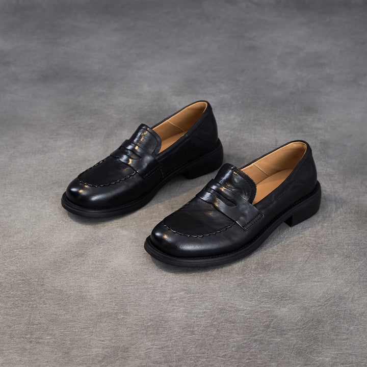 Women's Genuine Leather Penny Loafers Vintage Slip-on Round Toe Low Heel Shoes