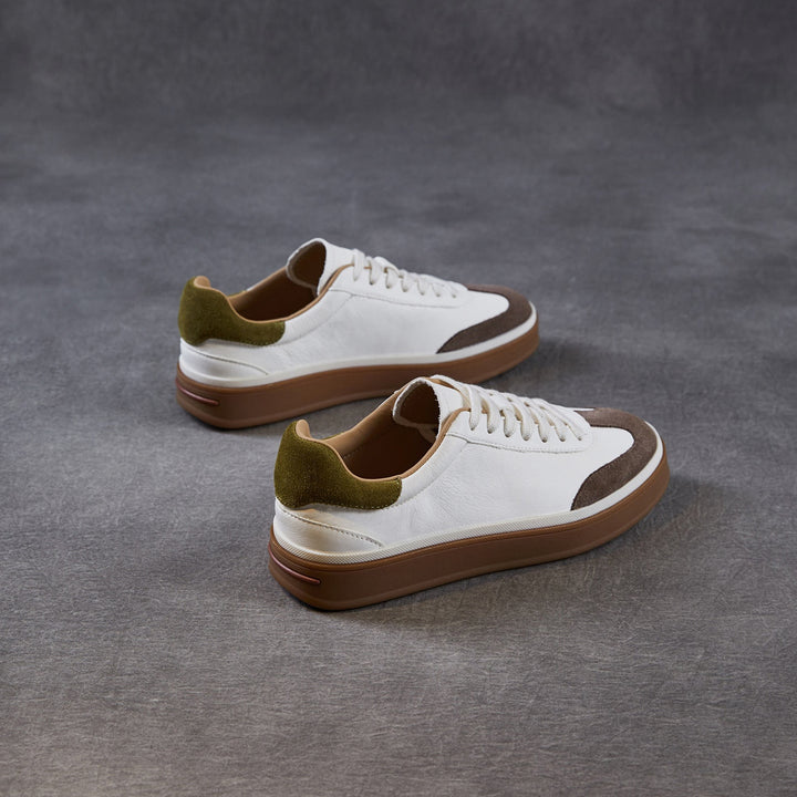 Womens Retro Cowhide Suede Patchwork Sneakers Vintage Round Toe Gum Sole Lace-up Flats