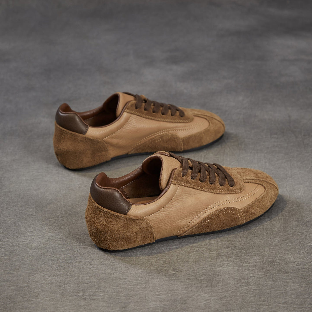 Women's Genuine Leather Retro Sneakers Vintage Lace-up Round Toe Flat Walking Shoes