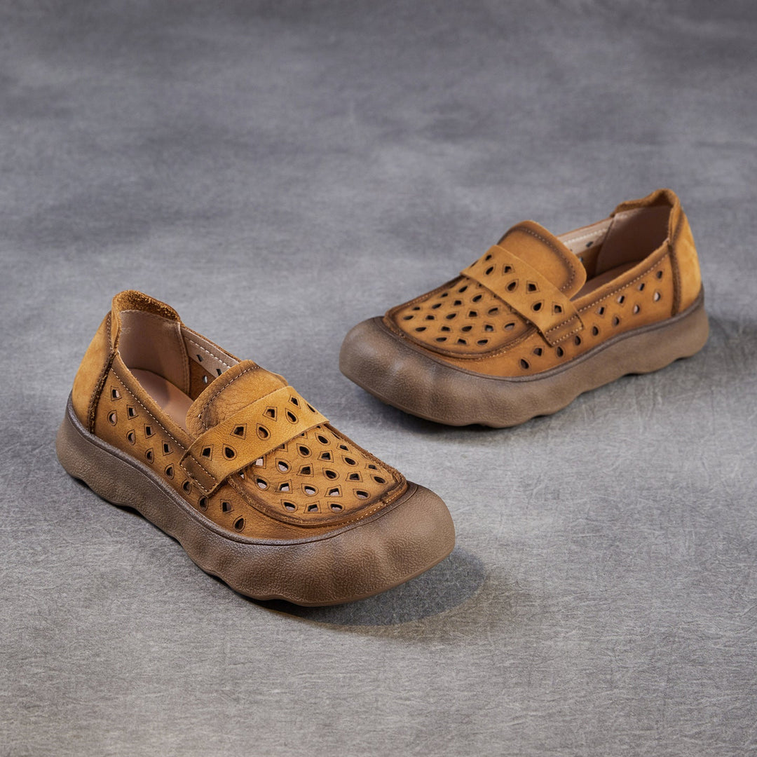 Women's Summer Leather Slip-on Flats — Cutout & Breathable Design