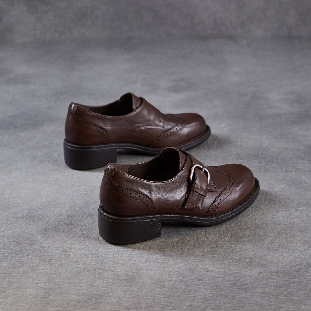 Women's Retro Leather Monk Strap Shoes Vintage Round Toe Brogue Chunky Heels