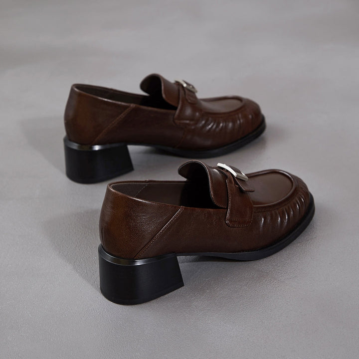Women's Sheepskin Loafers - Ruched Leather Buckle Block Heel